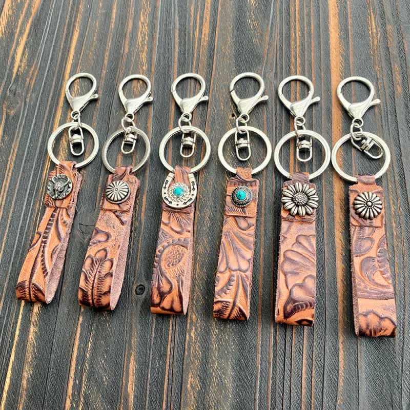 Weatern Turquoise Emboss Textured Leather Keychain sold by FloralTrip