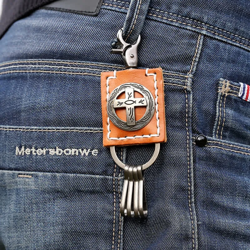 Faithful Cross Ornament Handmade Leather Keychain sold by FloralTrip