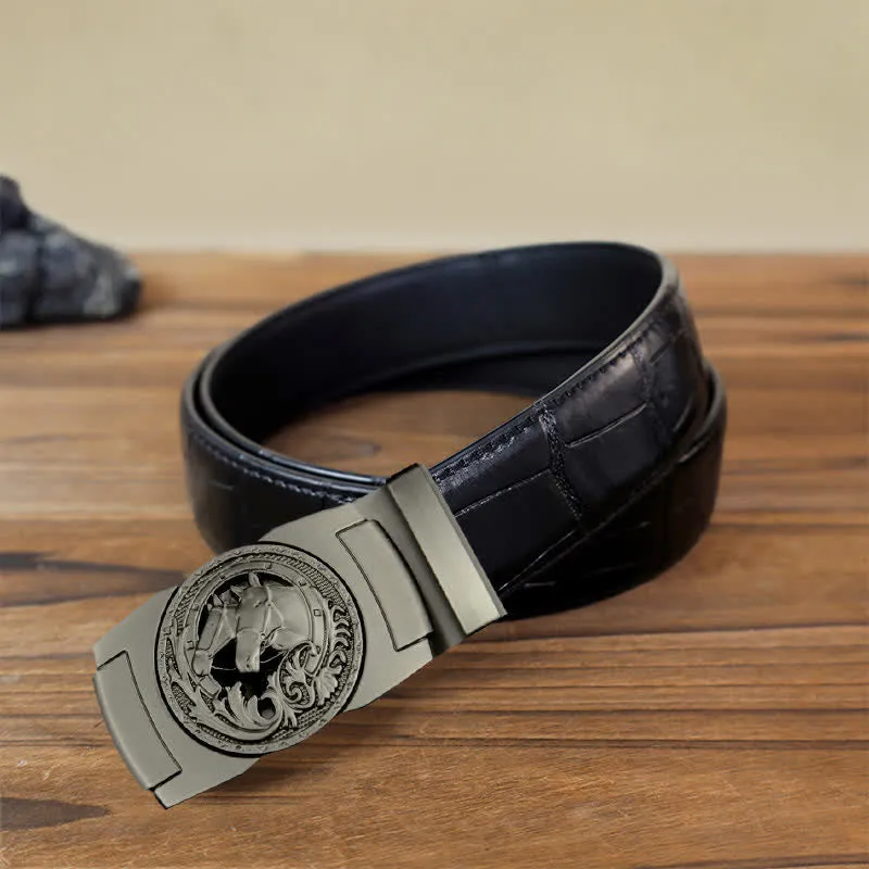 Men's DIY Gray Horse Head Automatic Buckle Leather Belt sold by FloralTrip product image thumbnail 2