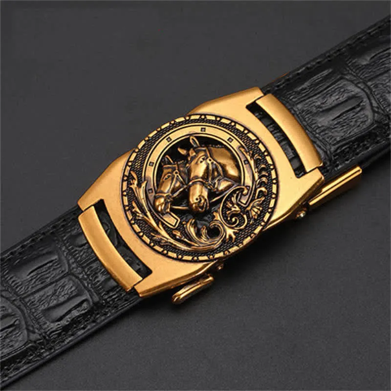 Men's DIY Double Horse Head Automatic Buckle Leather Belt sold by FloralTrip