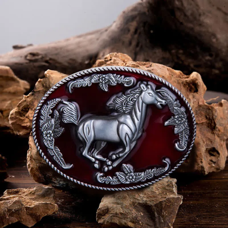 Men's DIY Red Enamel Running Horse Buckle Leather Belt sold by FloralTrip