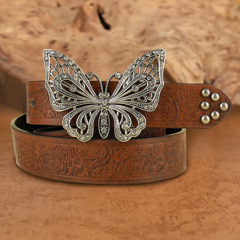 Women's Rose Embossed Rhinestone Butterfly Leather Belt sold by FloralTrip