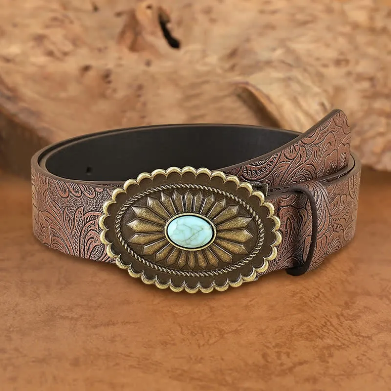 Women's Boho Turquoise Sunflower Brown Leather Belt sold by FloralTrip