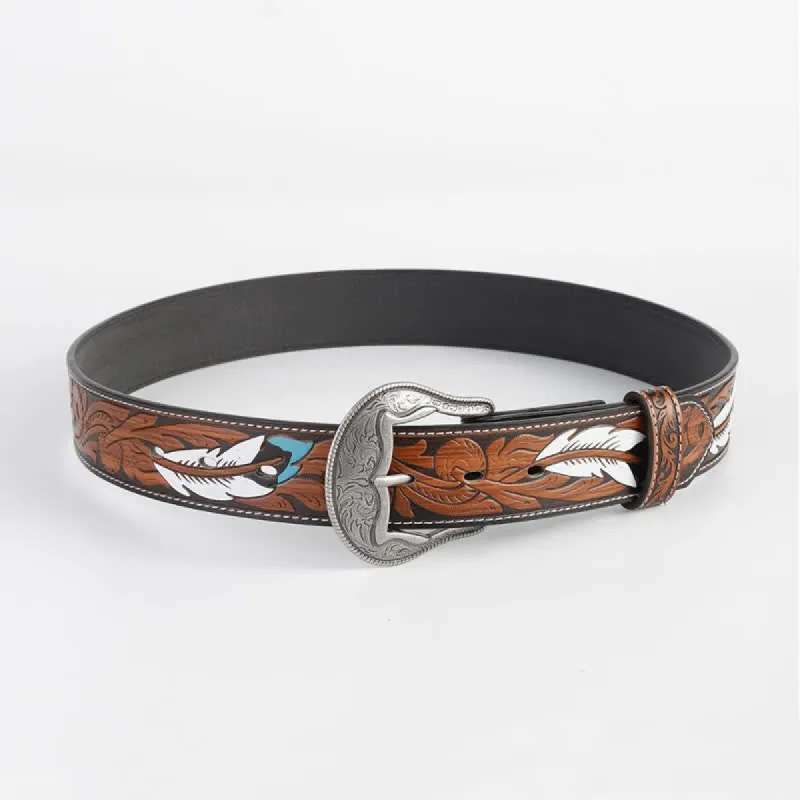 Women's Vintage Engraved Feather Printed Leather Belt sold by FloralTrip