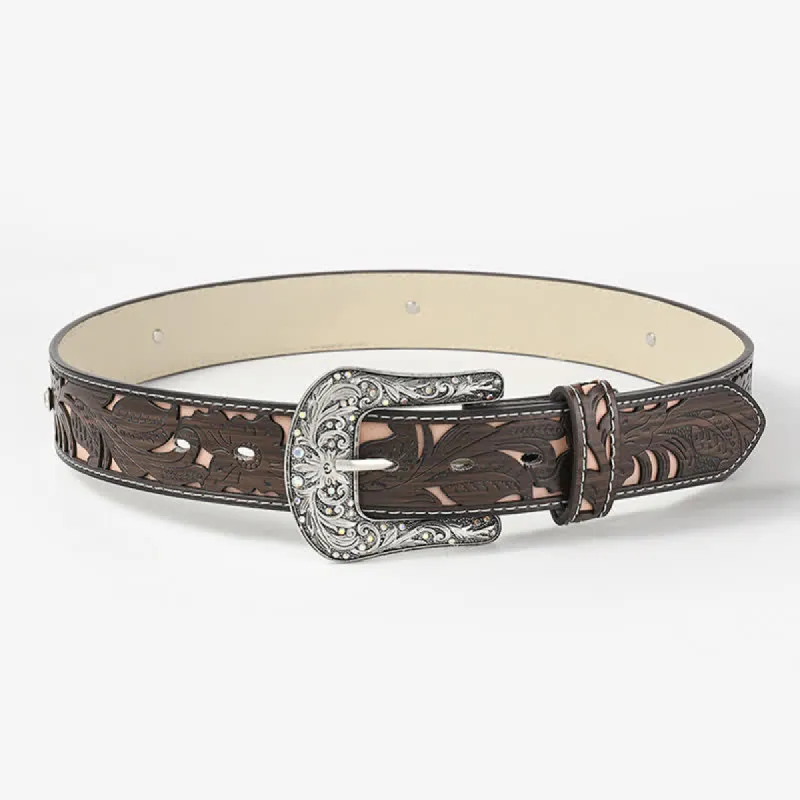 Women's Embossed Flower Rhinestone Coffee Leather Belt sold by FloralTrip
