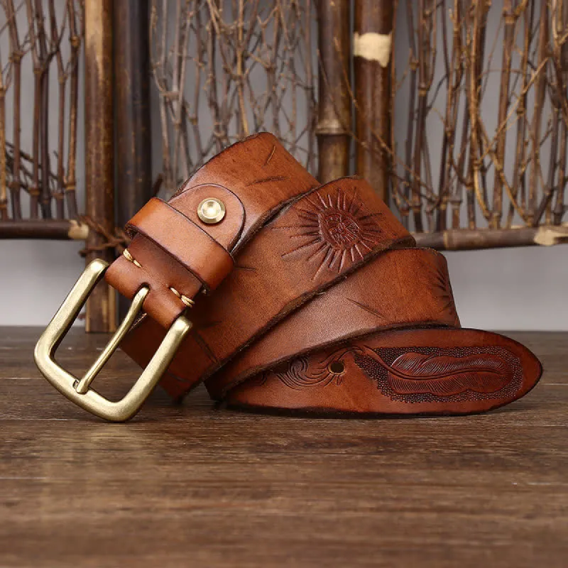 Men's Embossed Feather Pattern Pure Leather Belt sold by FloralTrip