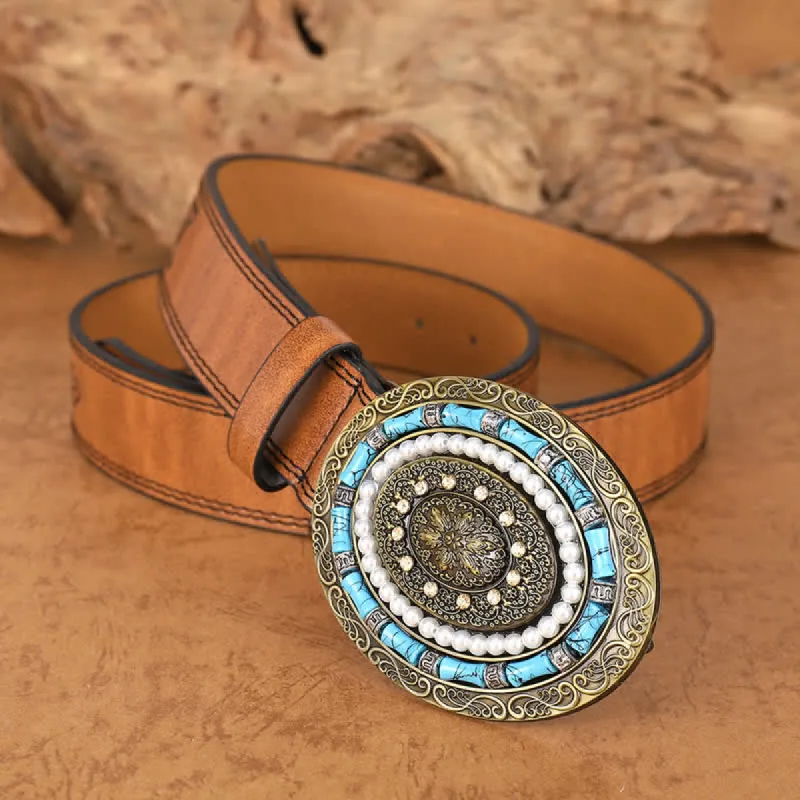 Women's Turquoise Pearl Boho Medallion Buckle Leather Belt sold by FloralTrip