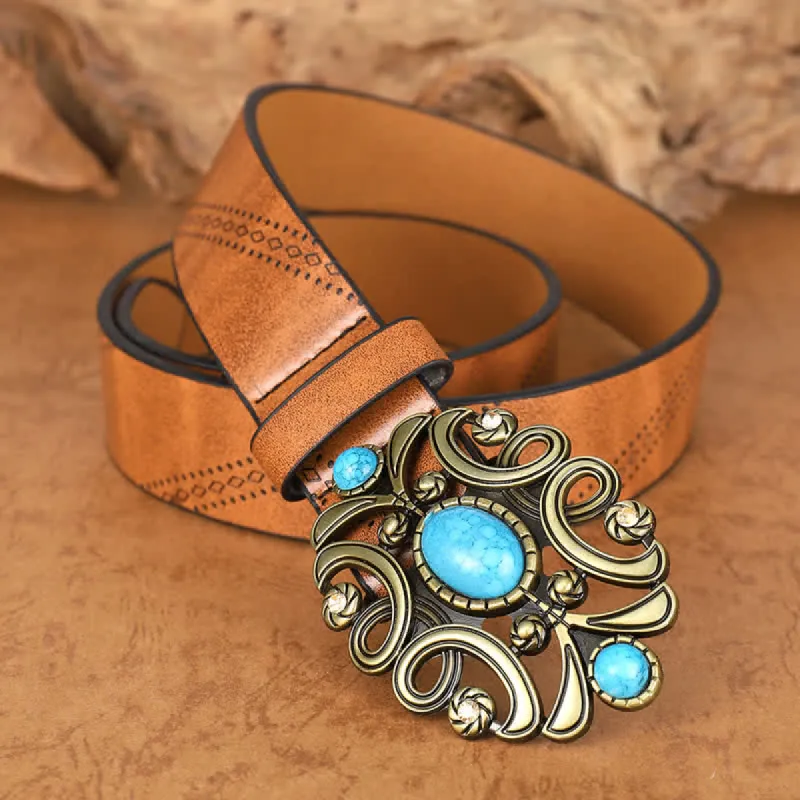 Women's Bohemian Turquoise Stone Floral Buckle Leather Belt sold by FloralTrip