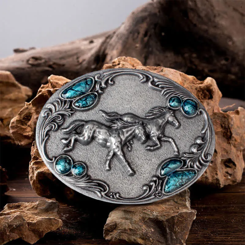 Men's DIY Running Horses Turquoise Bead Buckle Leather Belt sold by FloralTrip