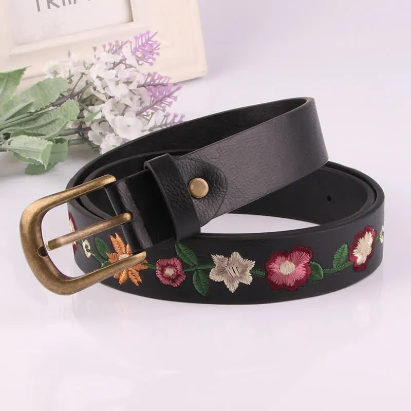 Women's Colorful Rose Embroidery Boho Leather Belt sold by FloralTrip