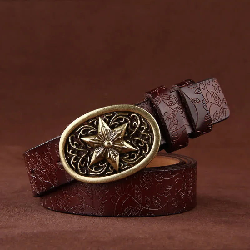 Women's Flower Embossing Five-Pointed Star Buckle Leather Belt sold by FloralTrip