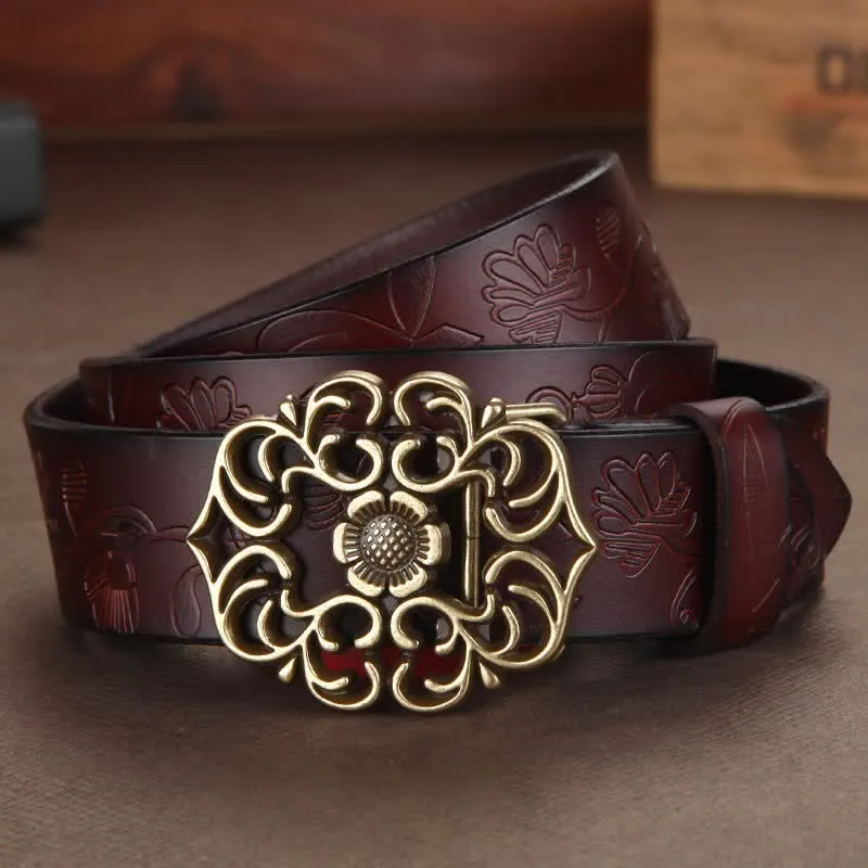 Women's Vintage Flower Hollow Buckle Embossed Leather Belt sold by FloralTrip product image thumbnail 3