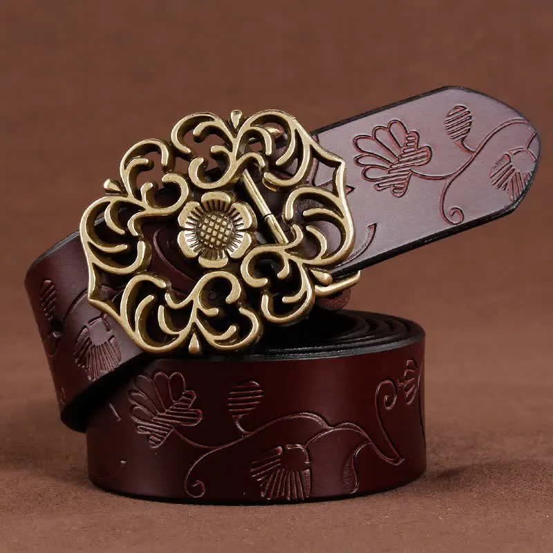 Women's Vintage Flower Hollow Buckle Embossed Leather Belt sold by FloralTrip