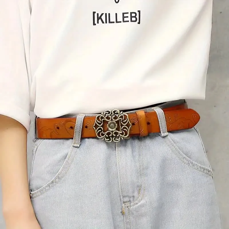 Women's Vintage Flower Hollow Buckle Embossed Leather Belt sold by FloralTrip product image thumbnail 2