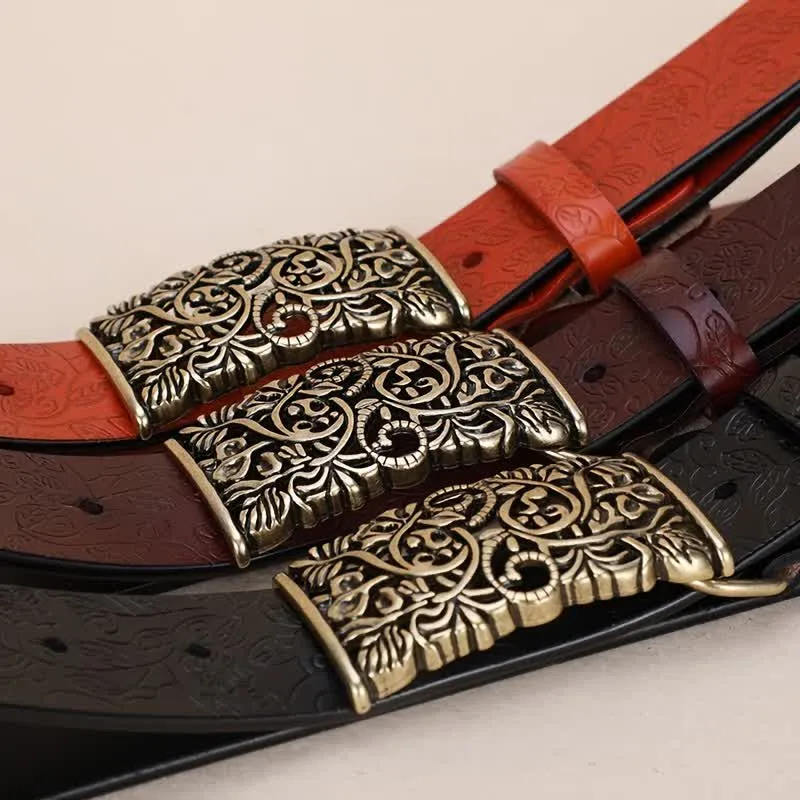 Women's Retro Embossed Hollow Flower Buckle Leather Belt sold by FloralTrip product image thumbnail 2