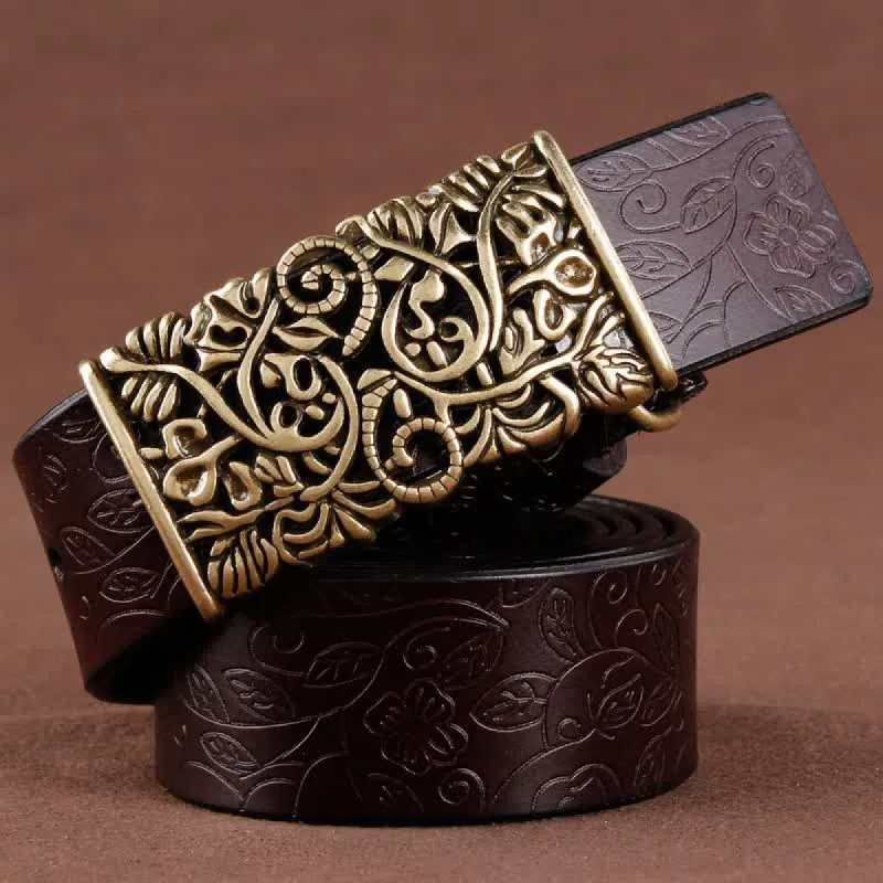 Women's Retro Embossed Hollow Flower Buckle Leather Belt sold by FloralTrip