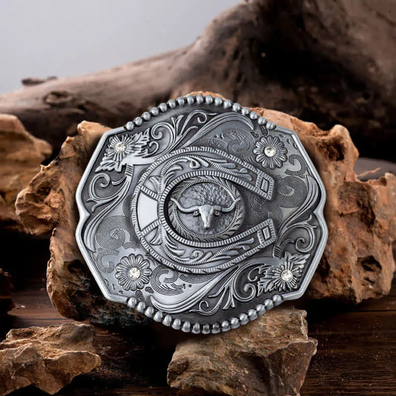 Men's DIY Rhinestone Floral Bull Buckle Leather Belt sold by FloralTrip