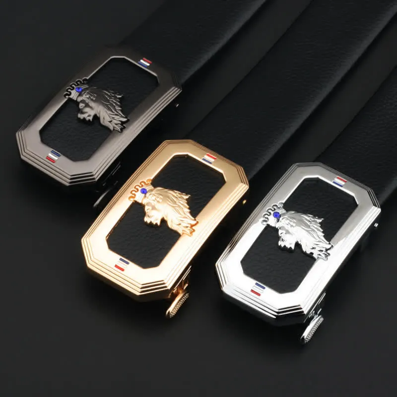 Men's DIY Lion Head Automatic Buckle Leather Belt sold by FloralTrip
