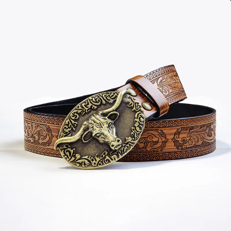 Men's Vintage Bull Head Brown Embossed Leather Belt sold by FloralTrip