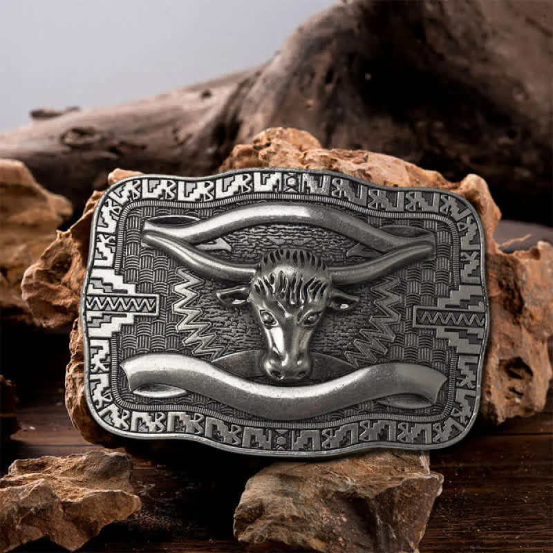 Men's DIY Silver Square Longhorn Bull Buckle Leather Belt sold by FloralTrip
