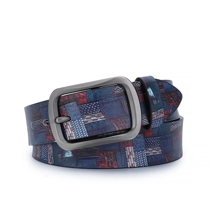 Navy Blue Splicing Graffiti Pattern Genuine Leather Belt sold by FloralTrip
