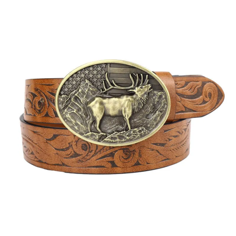 Men's Vintage Carved Deer American Flag Leather Belt sold by FloralTrip