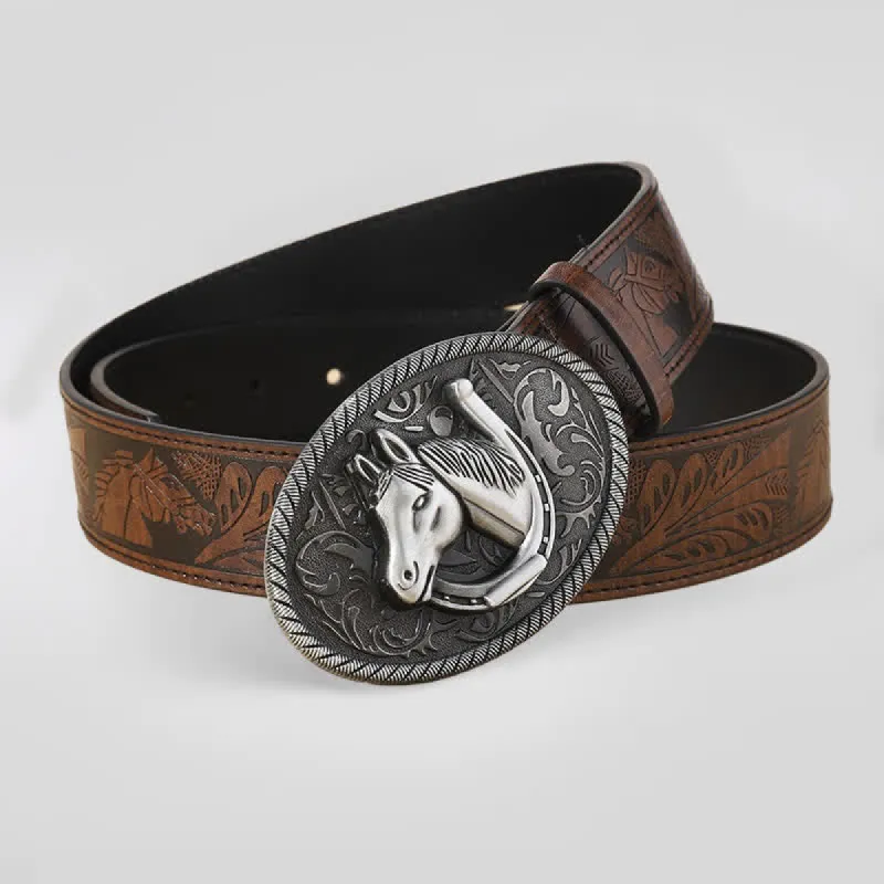 Men's Horse Head Brown Embossed Pattern Leather Belt sold by FloralTrip