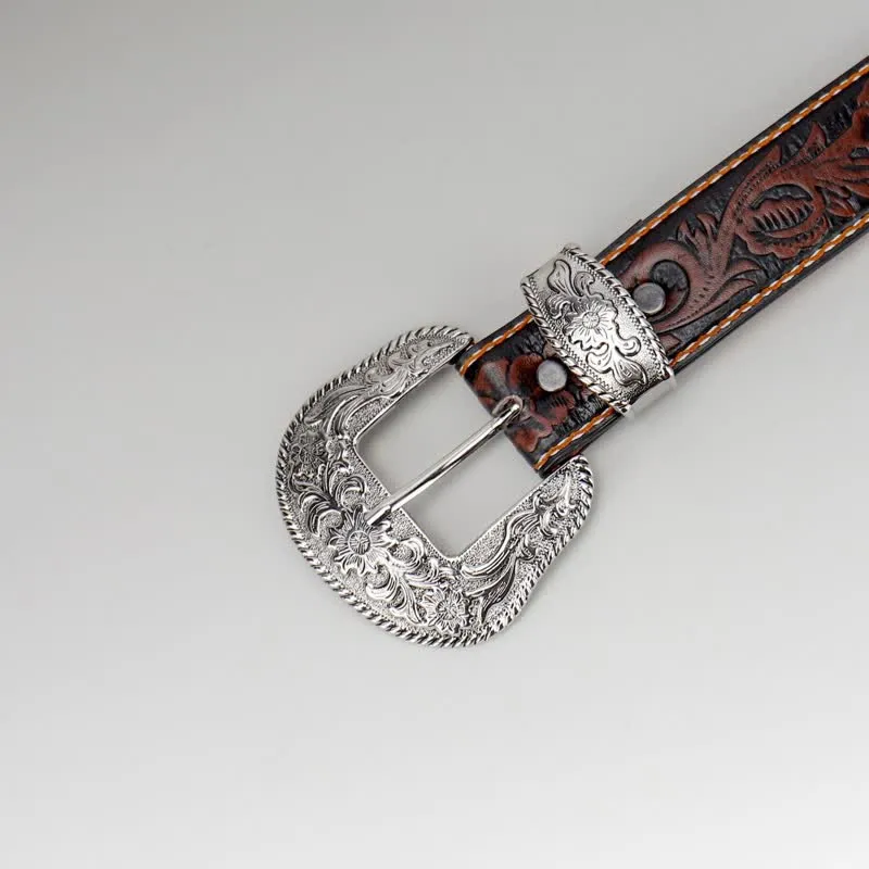 Women's Coffee Vintage Flower Engraved Leather Belt sold by FloralTrip product image thumbnail 5