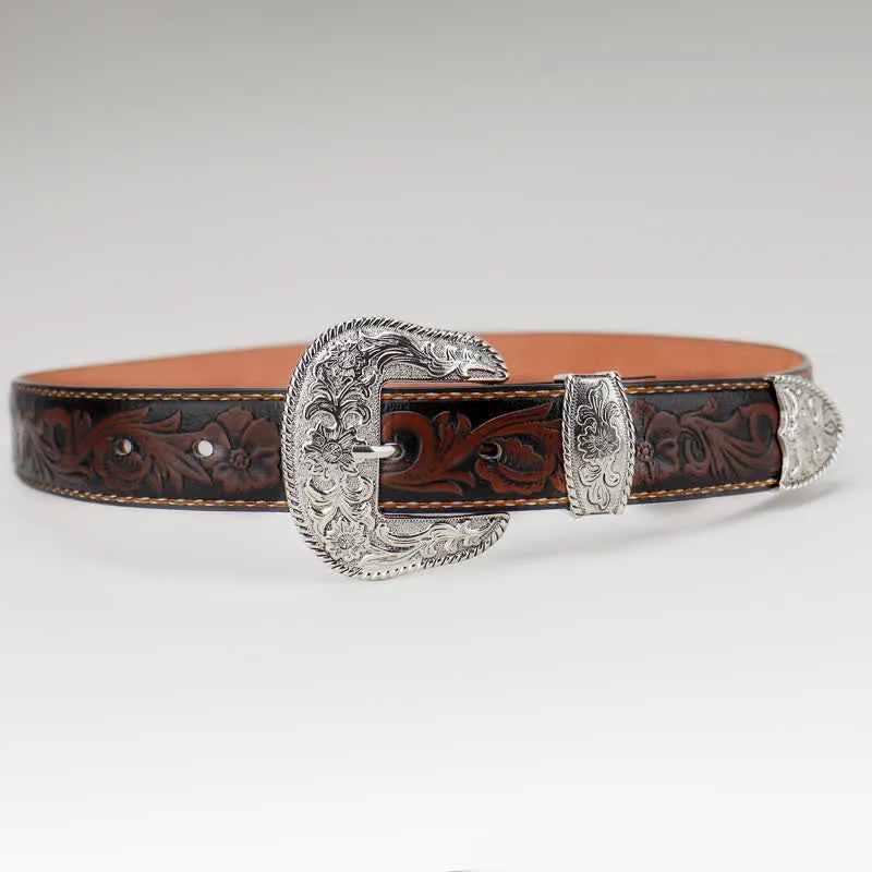 Women's Coffee Vintage Flower Engraved Leather Belt sold by FloralTrip product image thumbnail 2
