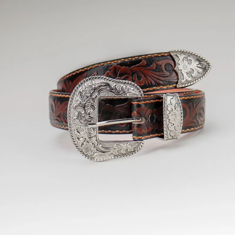 Women's Coffee Vintage Flower Engraved Leather Belt sold by FloralTrip product image thumbnail 3