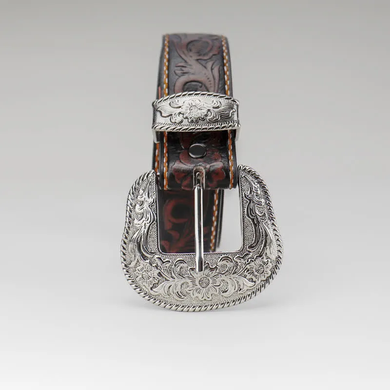 Women's Coffee Vintage Flower Engraved Leather Belt sold by FloralTrip product image thumbnail 4