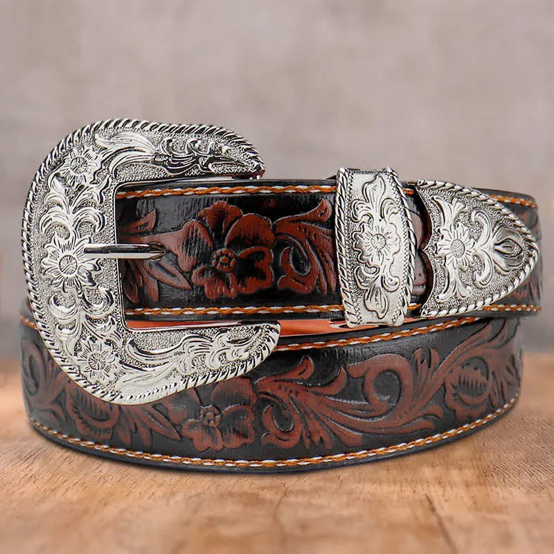 Women's Coffee Vintage Flower Engraved Leather Belt sold by FloralTrip