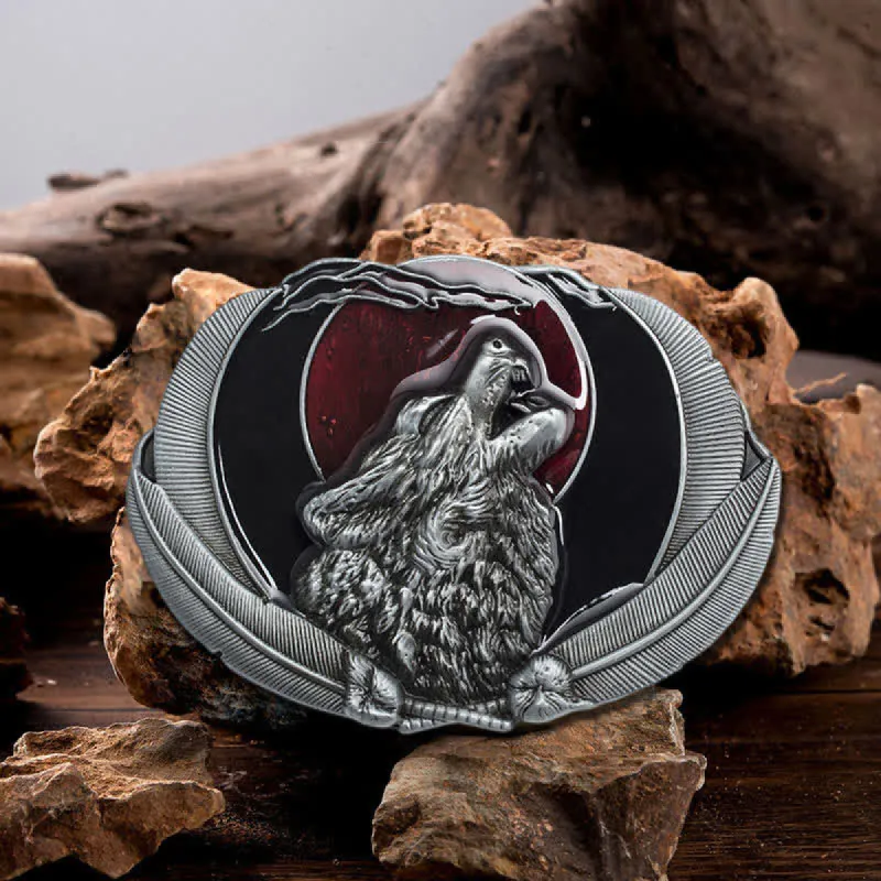 Men's DIY Howling Wolf Moon Oval Buckle Leather Belt sold by FloralTrip