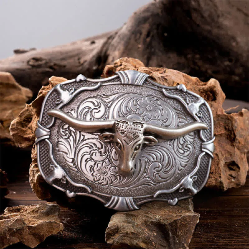 Men's DIY Silver Longhorn Bull Square Buckle Leather Belt sold by FloralTrip