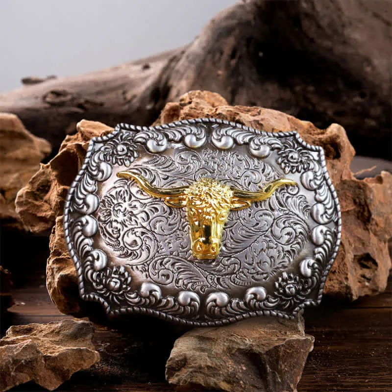 Men's DIY Longhorn Bull Antiqued Silver Buckle Leather Belt sold by FloralTrip