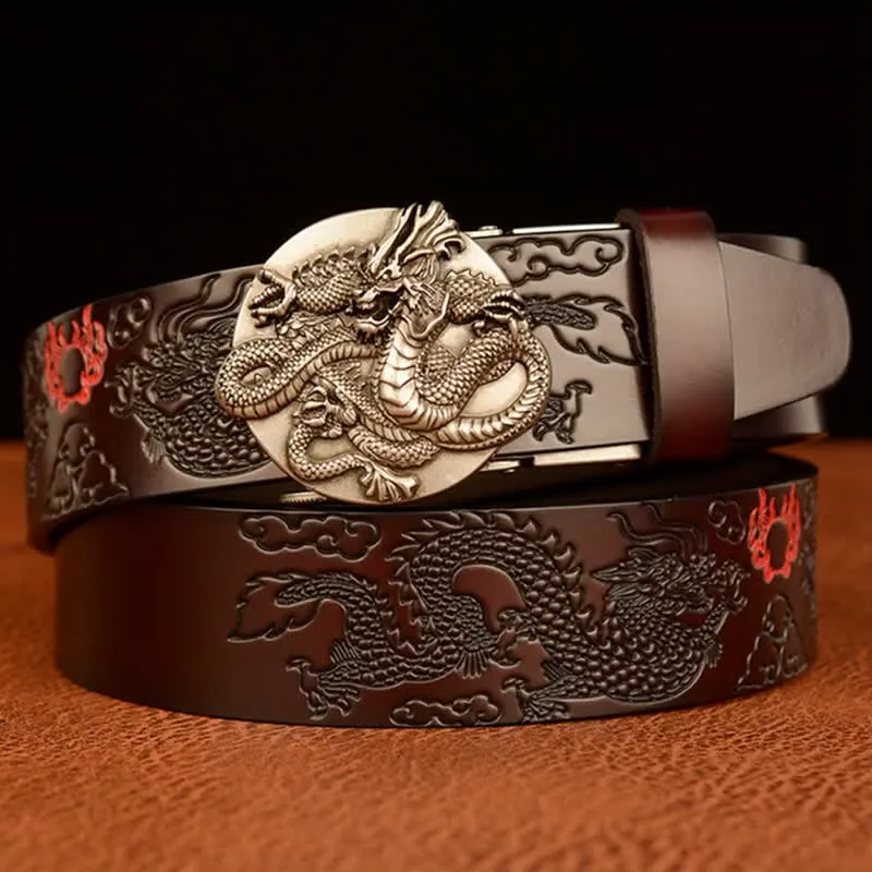 Men's Flame Dragon Round Automatic Buckle Leather Belt sold by FloralTrip