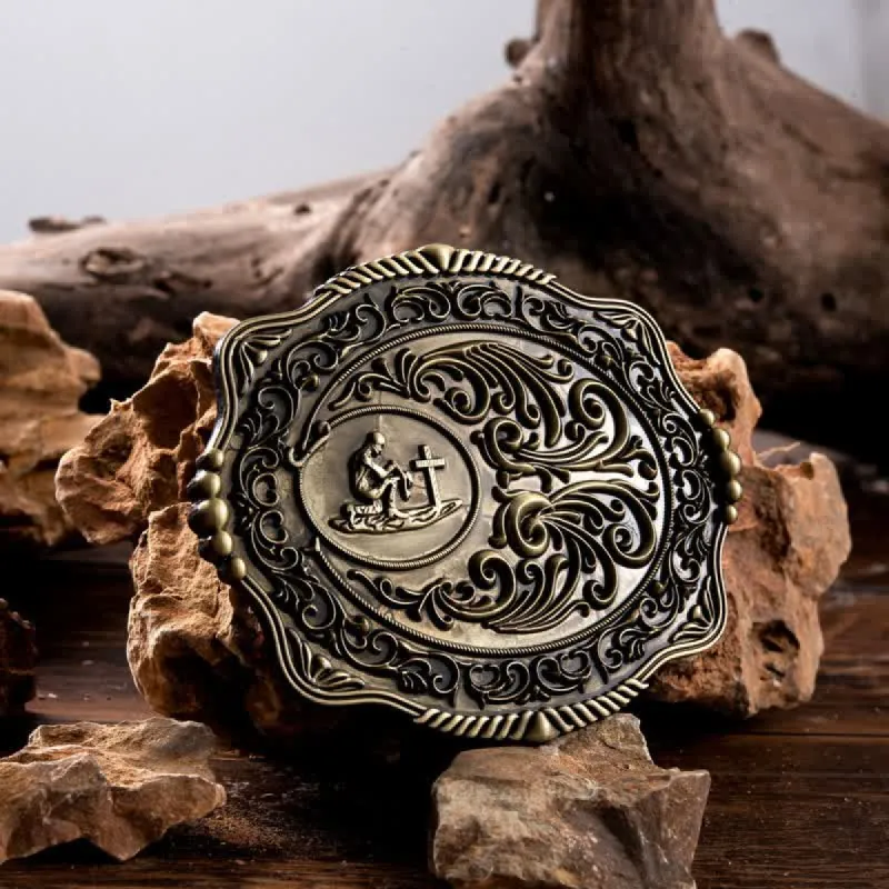 Men's DIY Engraved Floral Earnest Prayer Buckle Leather Belt sold by FloralTrip