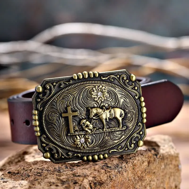 Men's DIY Horse Cross Kneeling Prayer Buckle Leather Belt sold by FloralTrip product image thumbnail 5