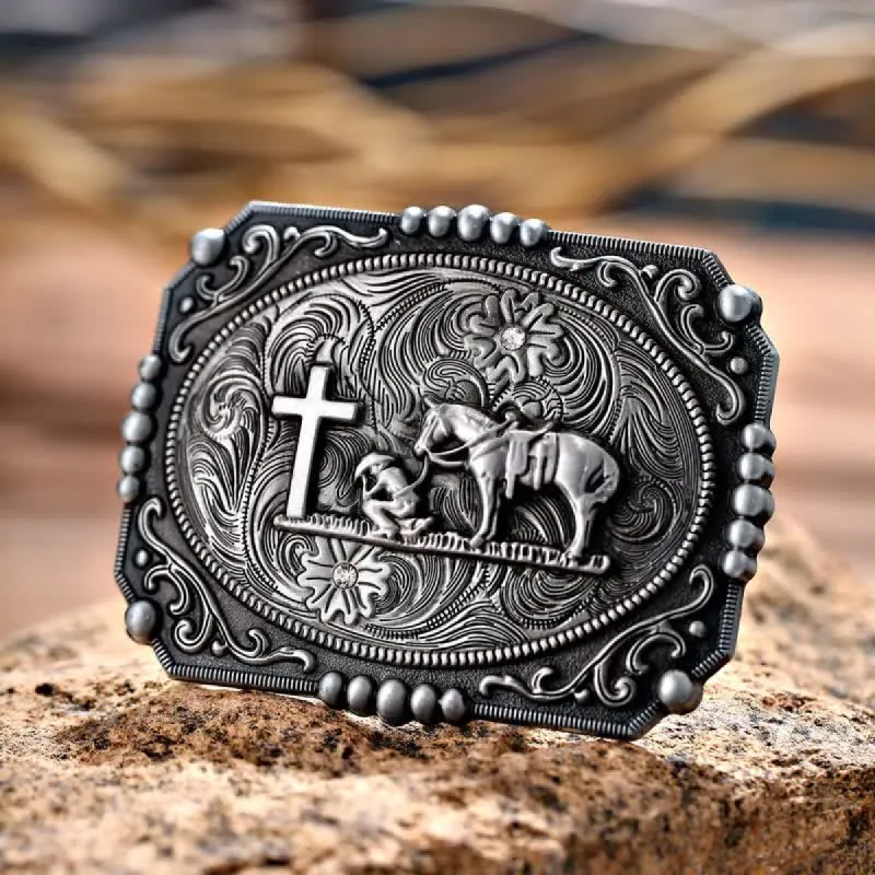 Men's DIY Horse Cross Kneeling Prayer Buckle Leather Belt sold by FloralTrip