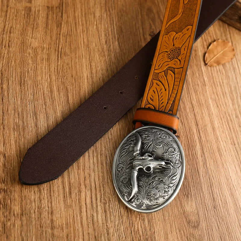 Men's Vintage Floral Longhorn Bull Leather Belt sold by FloralTrip product image thumbnail 2