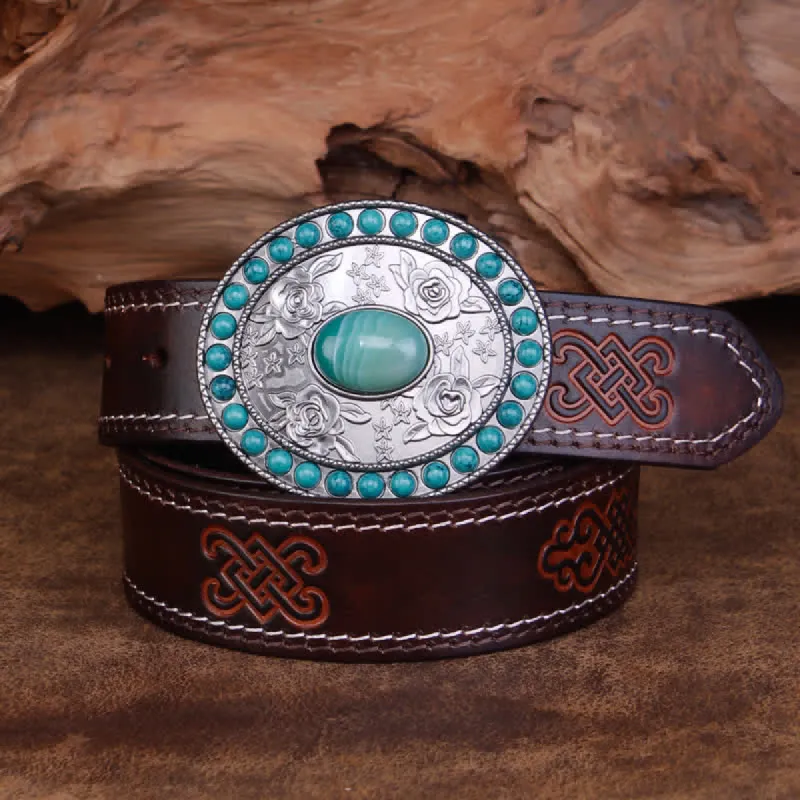 Unisex Carved Rose Turquoise Jade Agate Leather Belt sold by FloralTrip