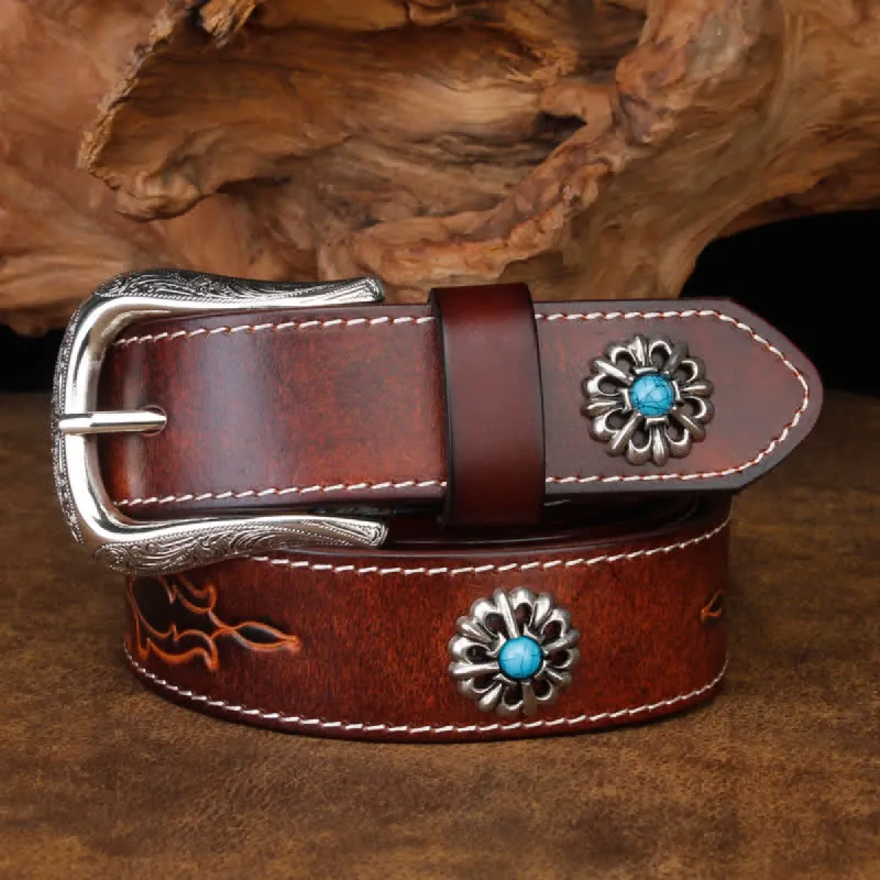Unisex Retro Brown Turquoise Flower Leather Belt sold by FloralTrip