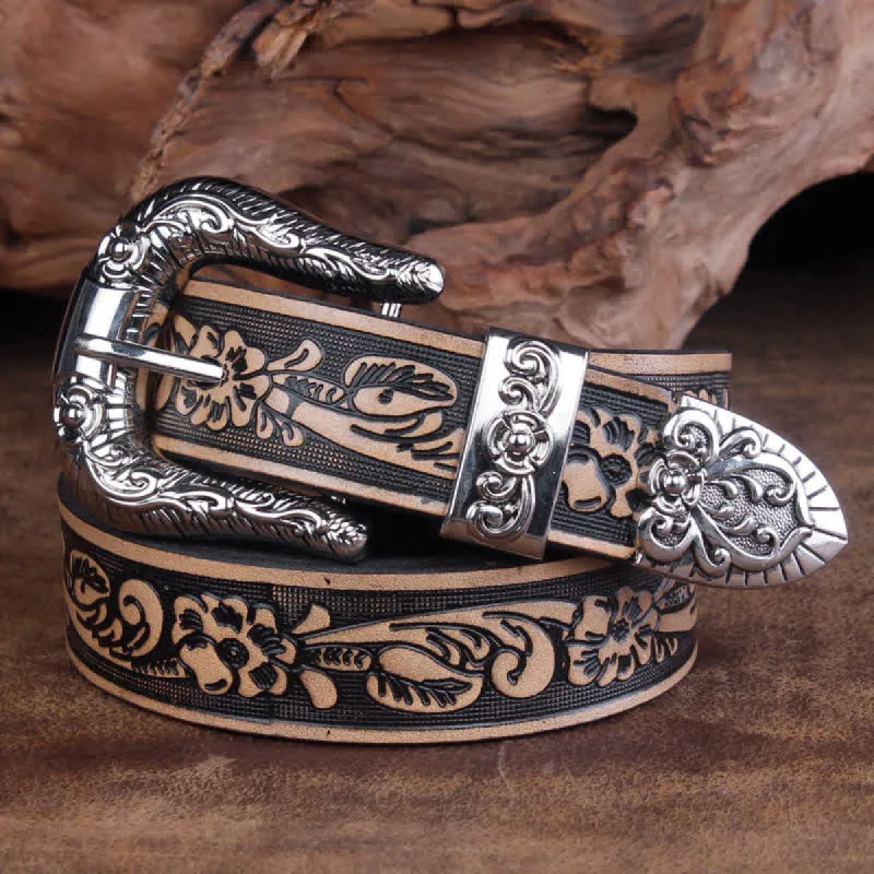 Unisex Vintage Small Rose Embossing Leather Belt sold by FloralTrip