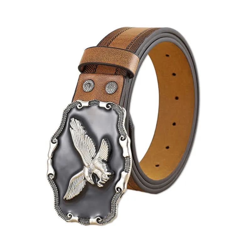 Men's Eye-Catching Silver Relief Eagle Black Buckle Leather Belt sold by FloralTrip