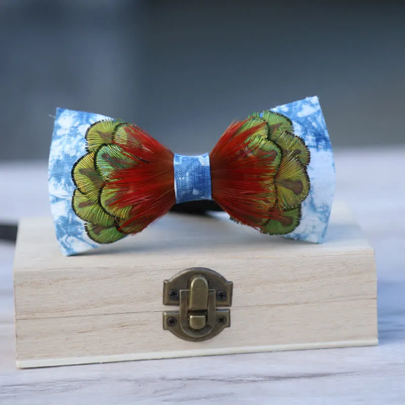 Cerulean Blue Tie-Dye Colorful Feather Bow Tie made by FloralTrip