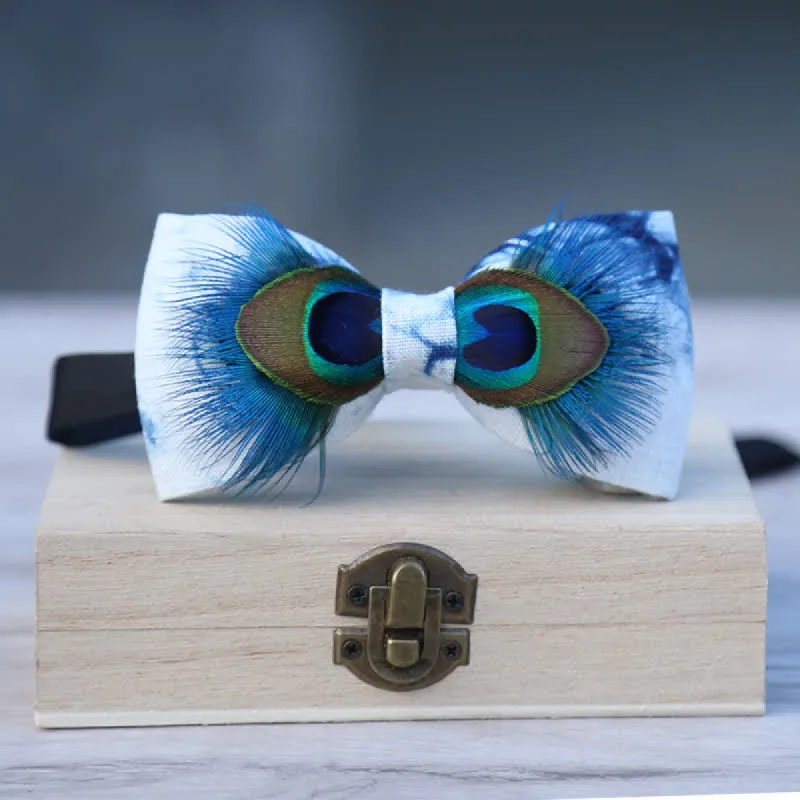 Blue & White Dye Eye Peacock Feather Bow Tie made by FloralTrip