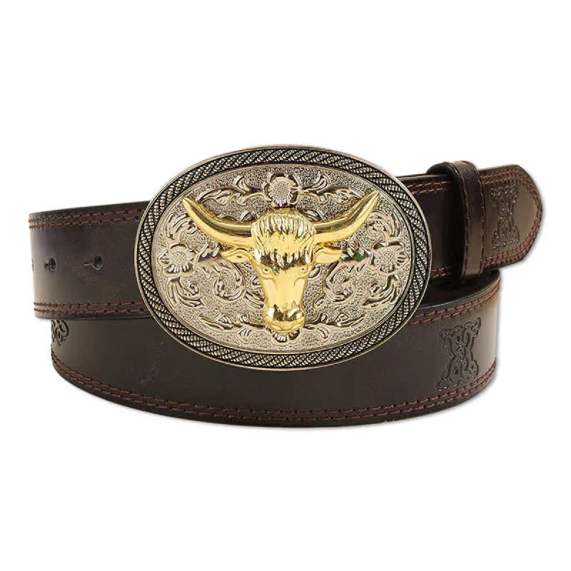 Men's Casual Golden Bull Head Floral Buckle Leather Belt sold by FloralTrip