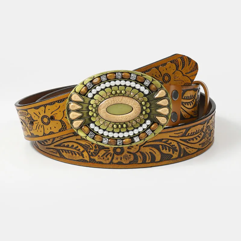 Men's Ethnic Rhinestone Faux Pearl Decor Leather Belt sold by FloralTrip