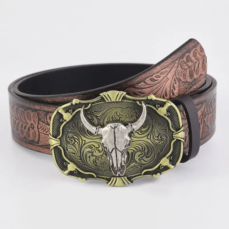 Men's Distressed Bull Square Buckle Leather Belt sold by FloralTrip