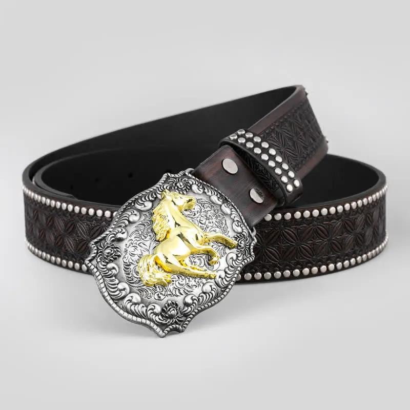 Men's Golden Running Horse Rivet Decor Leather Belt sold by FloralTrip